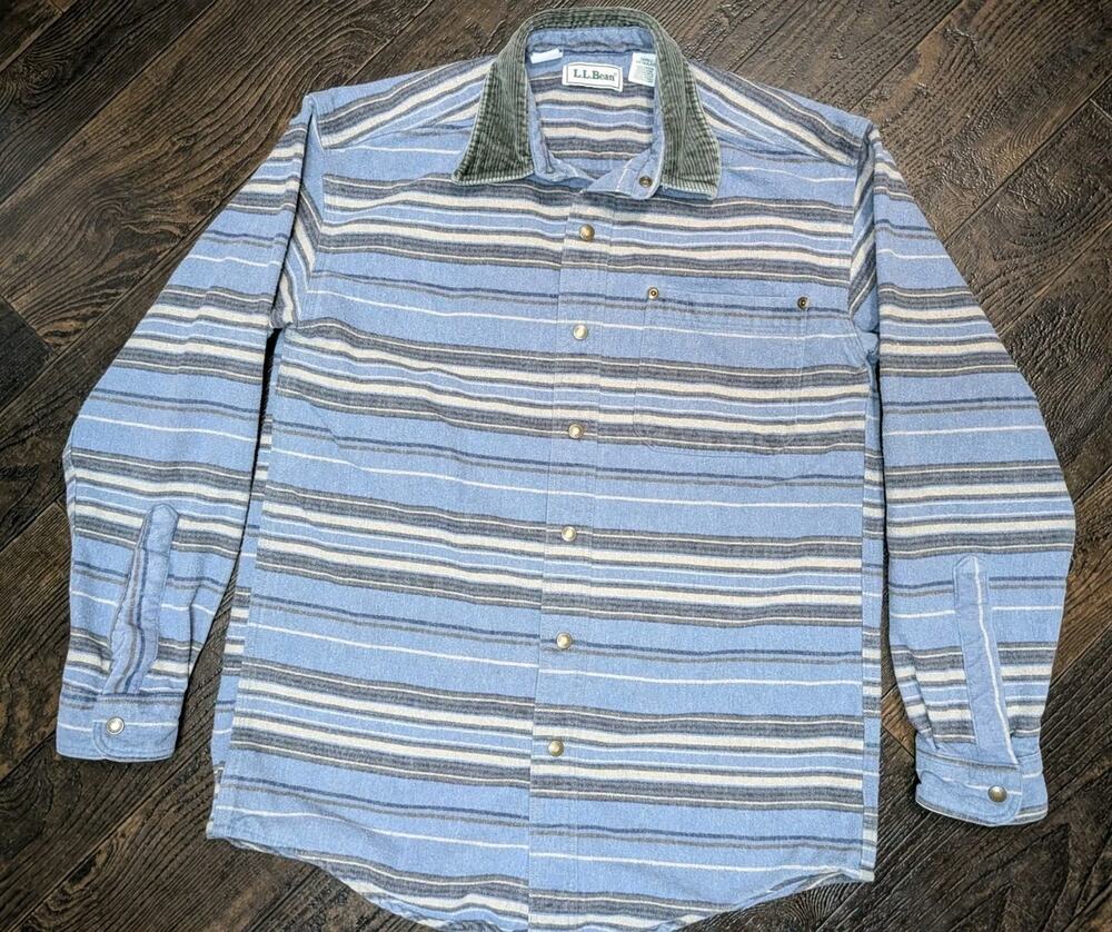 VTG L.L. Bean Blanket Flannel Shirt Mens Small Regular Blue Striped Snap
